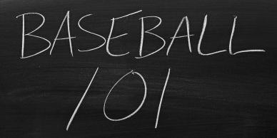 Chalkboard with "BASEBALL 101" written.
