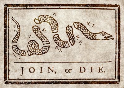 A segmented snake labeled with colonies and the phrase 'Join, or Die.'