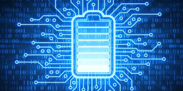 Glowing digital battery icon with circuitry on a blue background.