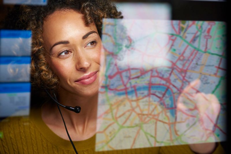 a female logistics worker is organising dispatch of freight on her interactive digital map whilst talking on her headset.