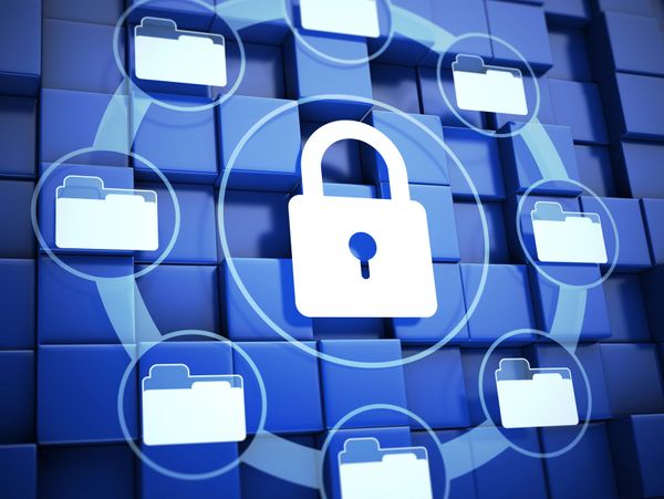 Digital security concept with a padlock and folder icons on blue cubes.