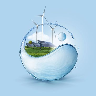 Eco-friendly energy concept with wind turbines and solar panels inside a water droplet.