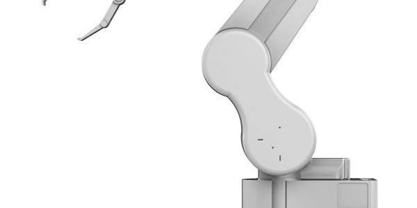 A sleek white robotic arm with a precision gripper attachment.