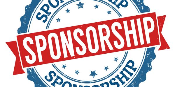 A bold sponsorship stamp with red and blue colors.