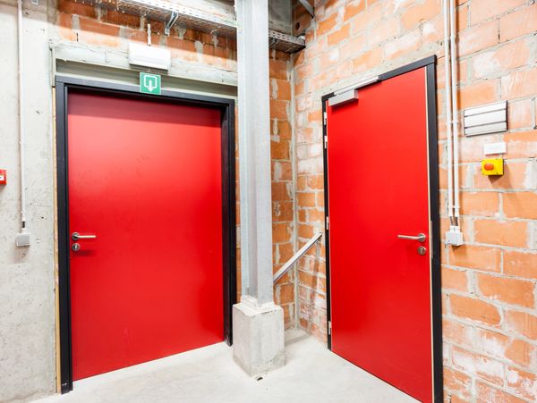 Two red industrial doors in a brick-walled utility area.