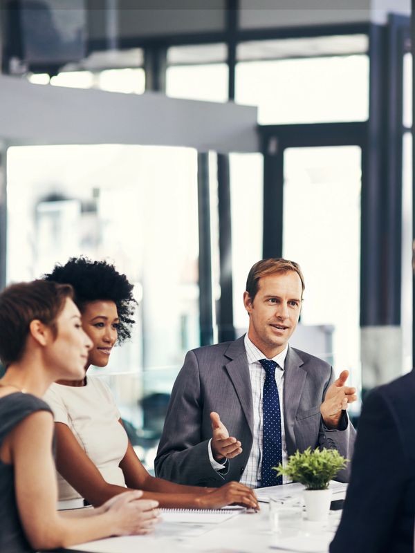 Business meeting with professionals discussing ideas around a table.