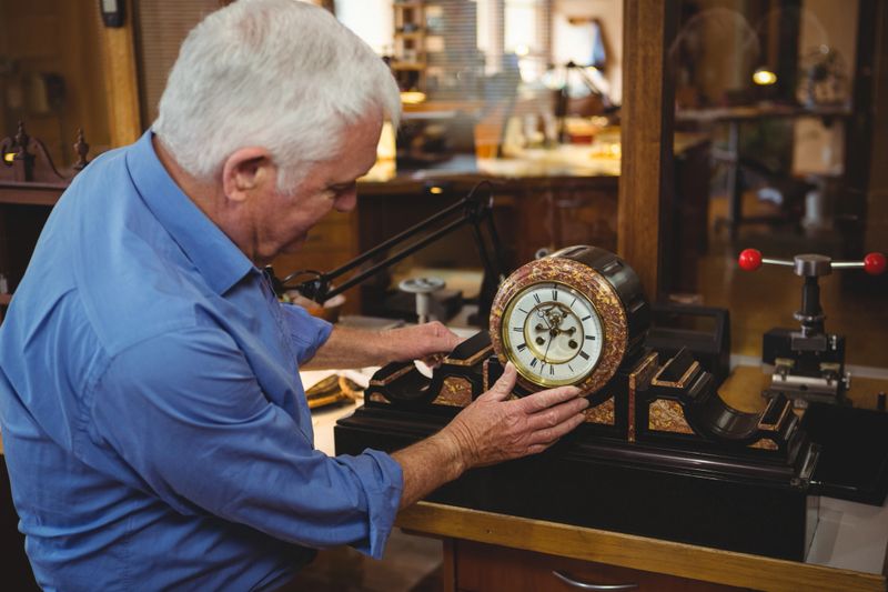 Attentive horologist checking a clock in workshop