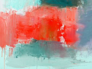 Abstract painting with teal, coral, and gray brushstrokes.