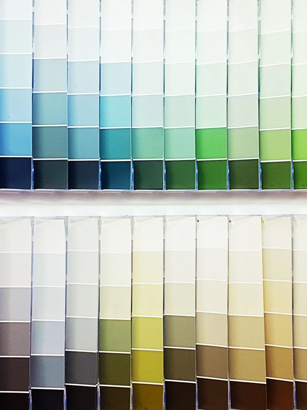 Rows of paint color swatches in various shades.