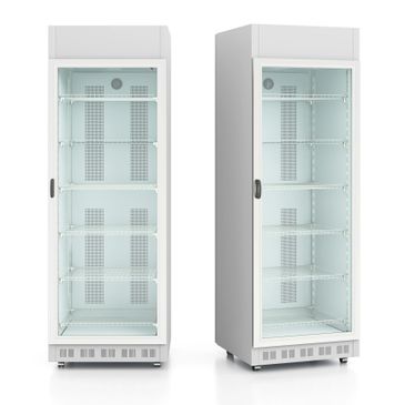 Two empty white glass-door refrigerators side by side.
