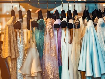 Elegant dresses and garments hanging on a rack in a boutique.
