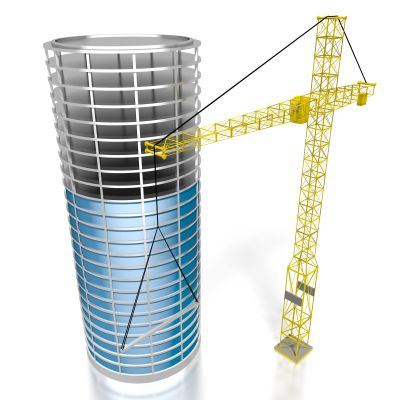 Crane constructing a tall cylindrical building.
