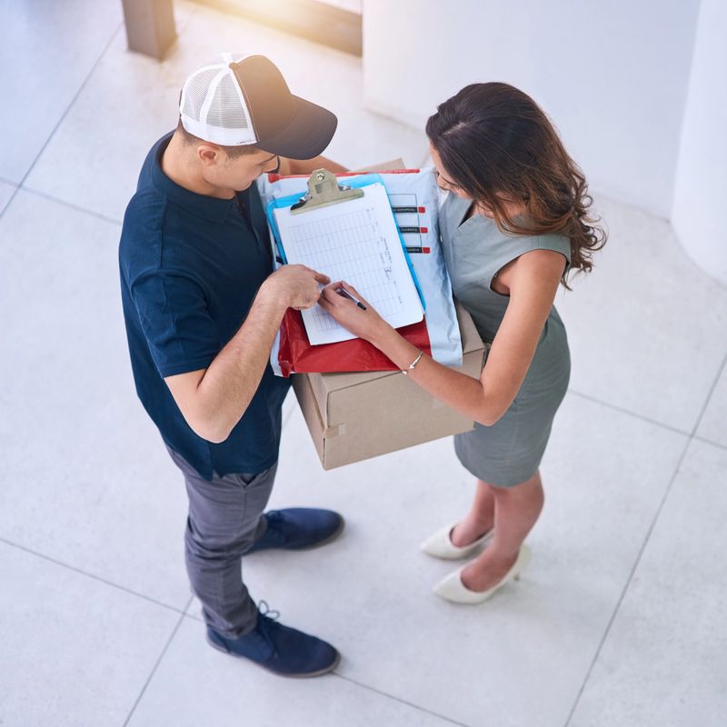 Shot of a courier making a delivery to a businesswoman in an office