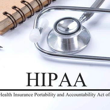 A stethoscope and notebook next to text about HIPAA, the Health Insurance Portability and Accountability Act.
