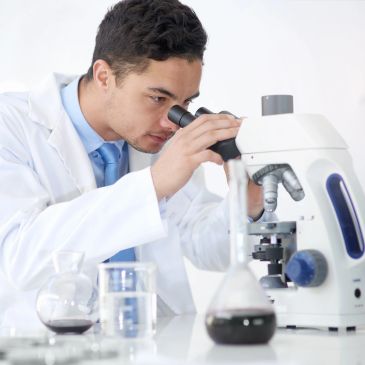 Scientist examining samples with a microscope in a lab.