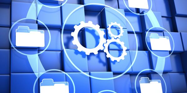 Blue digital interface with gears and folder icons symbolizing system settings and file management.