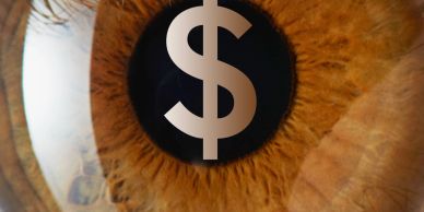 Close-up of an eye with a dollar sign in the pupil.