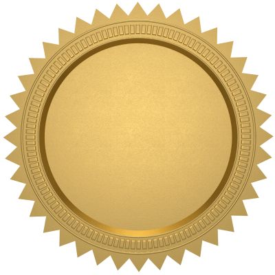 Gold embossed seal with starburst edges.