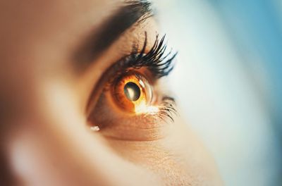 Close-up of a brown eye with light reflection.