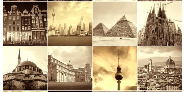 Collage of iconic landmarks worldwide in sepia tone.