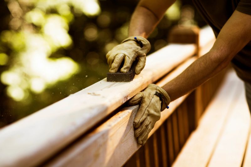 Carpenter sanding cedar wood deck before staining.