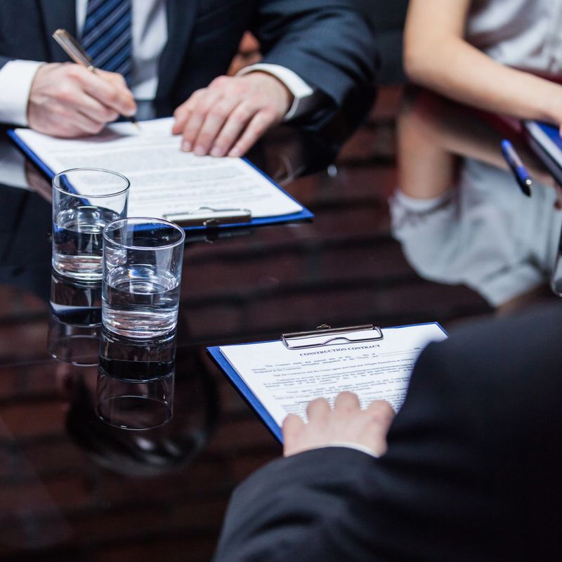 Two unrecognizable businessmen sitting on the meeting and signing the papers in the office.