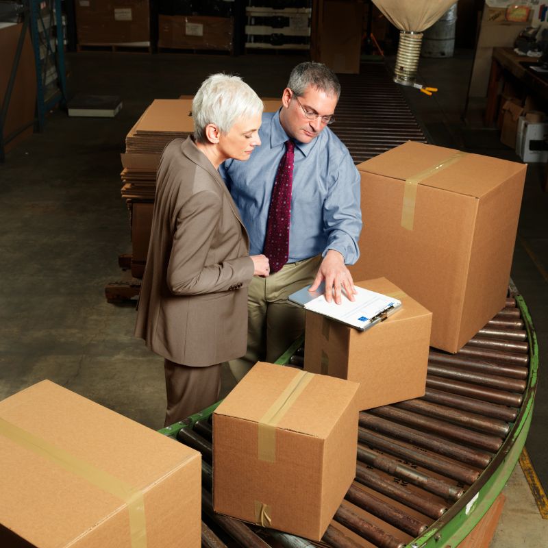 Warehouse businessman and businesswoman reviewing shipping documents with boxes in the foreground.