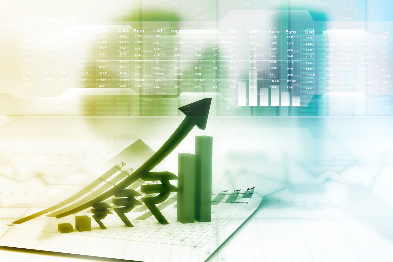 Upward financial growth with Indian Rupee and rising graph trends.