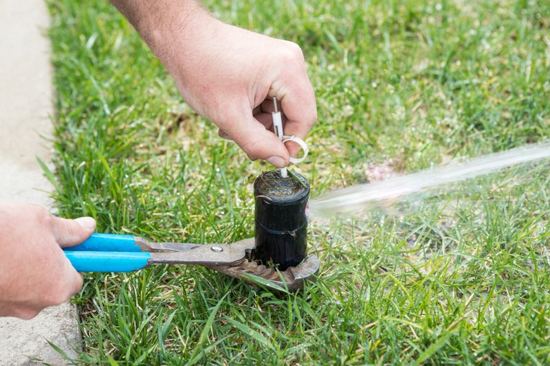A pop-up sprinkler system head is being adjusted with a key to decrease or increase radius of the spray.