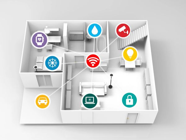 3D floor plan showing smart home features connected via Wi-Fi.