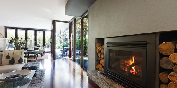 Gas fireplace burning in a beautiful home