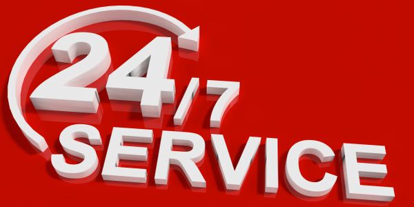 3D text showing 24/7 service on a red background.