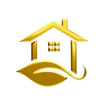 Logotipo de casa dorada con hoja.