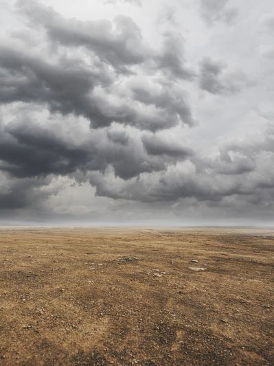 Desolate land, nothing all the way to the horizon, with grey storm clouds