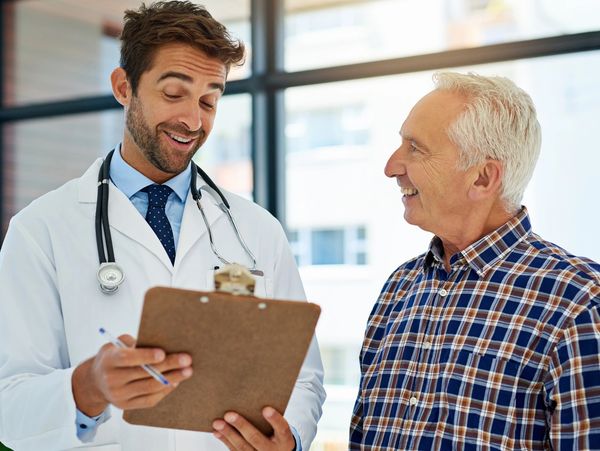Doctor and elderly patient smiling during a consultation.