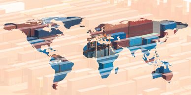 World map overlay on stacked shipping containers representing global trade.