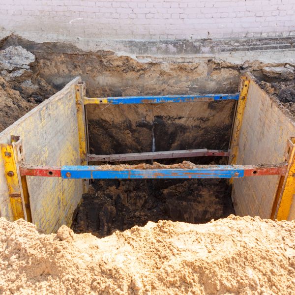 Construction trench with safety shoring against a brick wall.