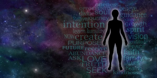 Silhouette surrounded by positive spiritual and motivational words in a cosmic background.