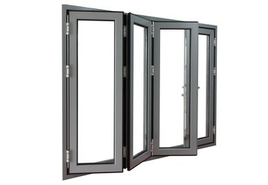 Modern folding glass door with gray frame, partially open.