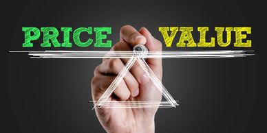 Hand drawing a balance scale with 'Price' and 'Value' on each side.