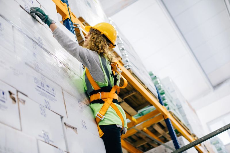 Young industrial high climber woman working and checking boxes in shipping manufacturing facility warehouse  XXXL