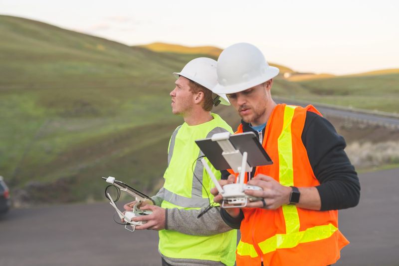 A pair of engineers use a drone to inspect wind farms and power plants in the country