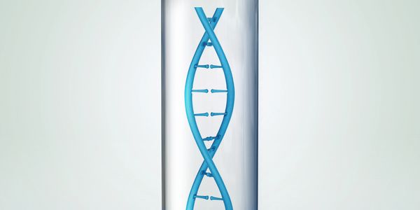 Blue DNA double helix inside a transparent glass tube on a light background.