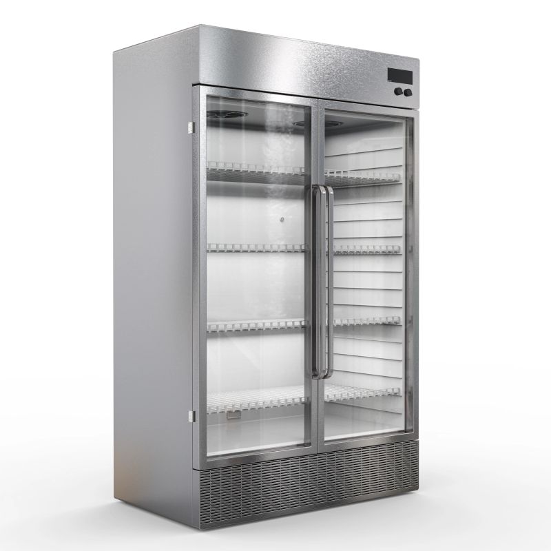 3d rendering stainless steel commercial fridge with transparent glass doors