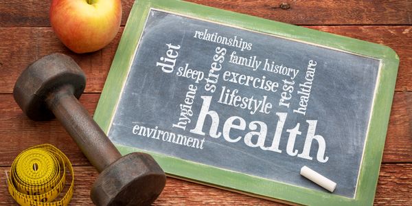 Chalkboard with health-related words, nutrition, exercise, sleep, and stress management