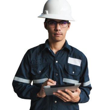 Engineer in safety gear using a tablet.