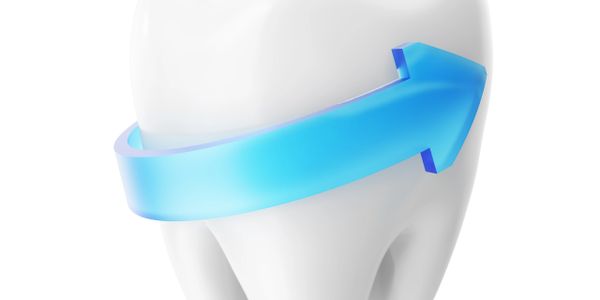 White tooth wrapped with a blue arrow symbolizing dental care.