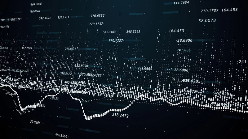 Abstract background with growing charts and flowing counters of numbers with symbols of percent and gain. Financial figures and diagrams showing increasing profits