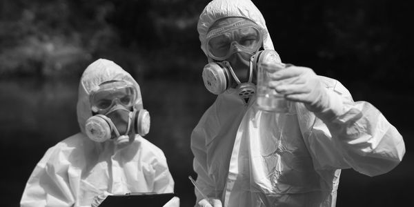 Two scientists in protective suits analyzing a water sample outdoors.