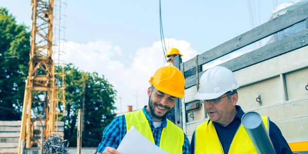 Two construction workers in safety gear reviewing plans at a building site.
